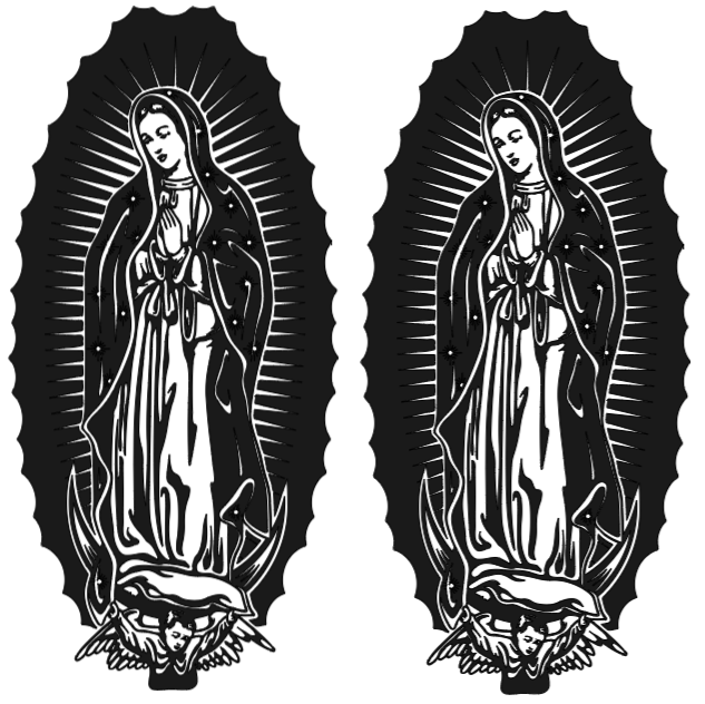 Two black and white illustrations of a religious figure with a halo on a white background.