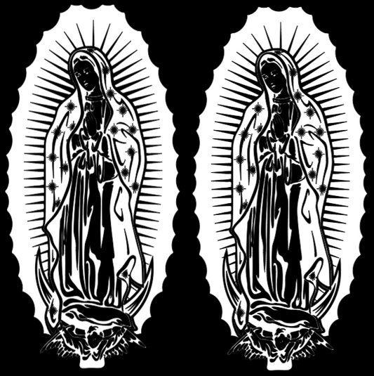 Two identical black and white illustrations of a religious figure with a halo on a white background.