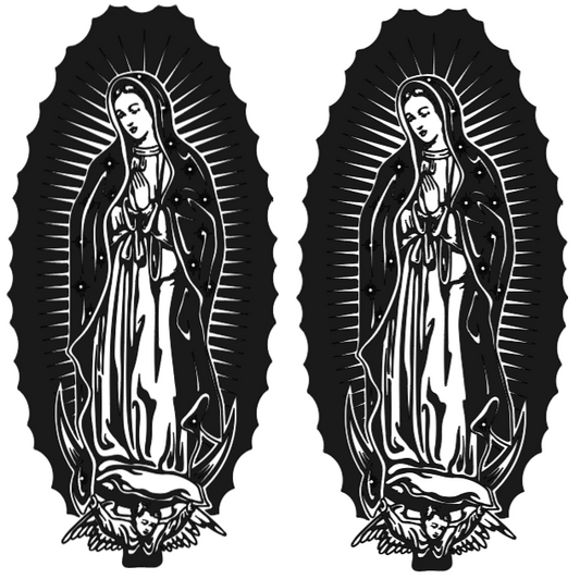 Two black and white illustrations of a religious figure with a halo on a white background.